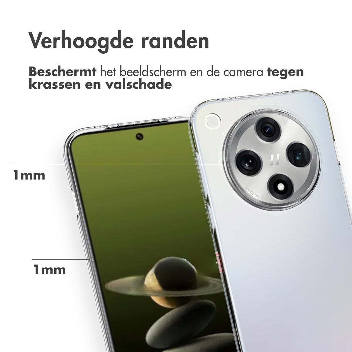 Coque transparente sur téléphone blanc. Texte dit protège écran et caméra des rayures.
