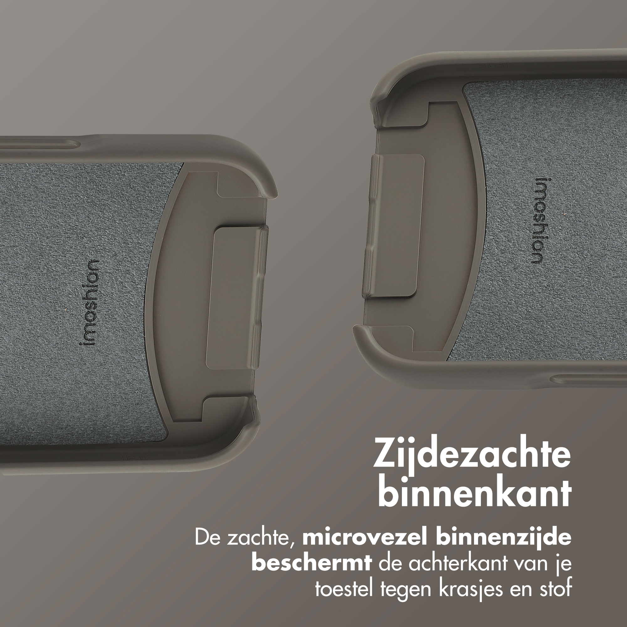 Deux étuis de téléphone avec intérieur doux, connectés. Texte en néerlandais.
