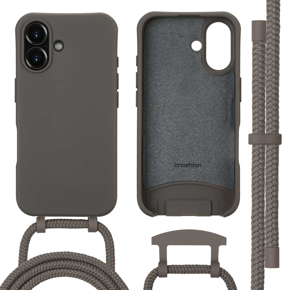 Olijfgroene telefoonhoes met koord, telefoon links, hoesonderdelen, witte achtergrond.