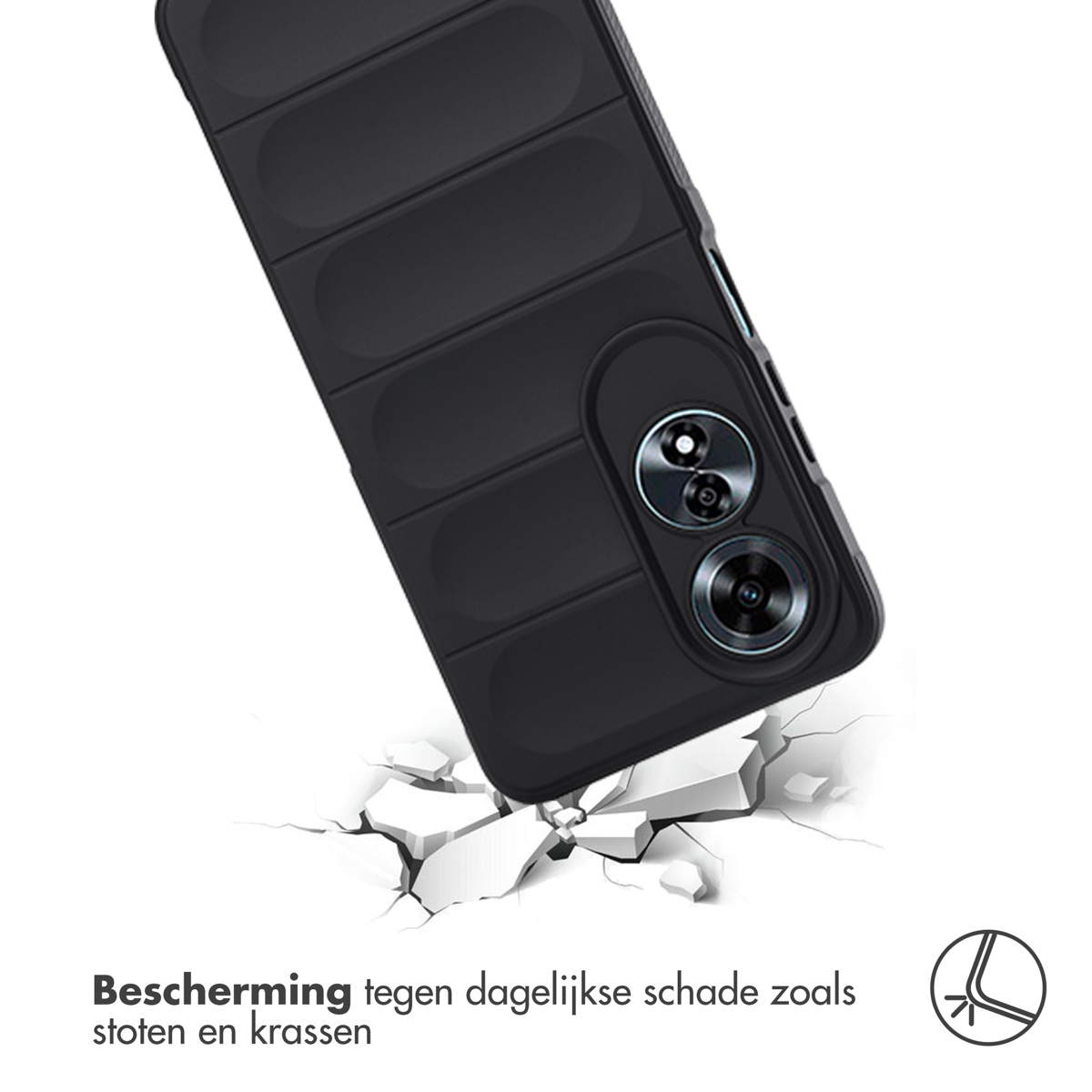 Coque de téléphone noire sur une surface avec des fissures. Montre la coque protégeant le téléphone.