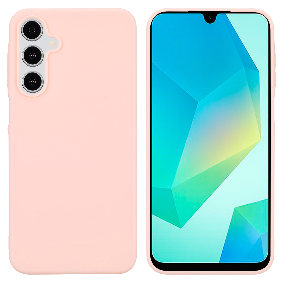Rosa Handyhülle mit drei Kameraausschnitten, zeigt einen Telefonbildschirm mit geometrischen Formen.