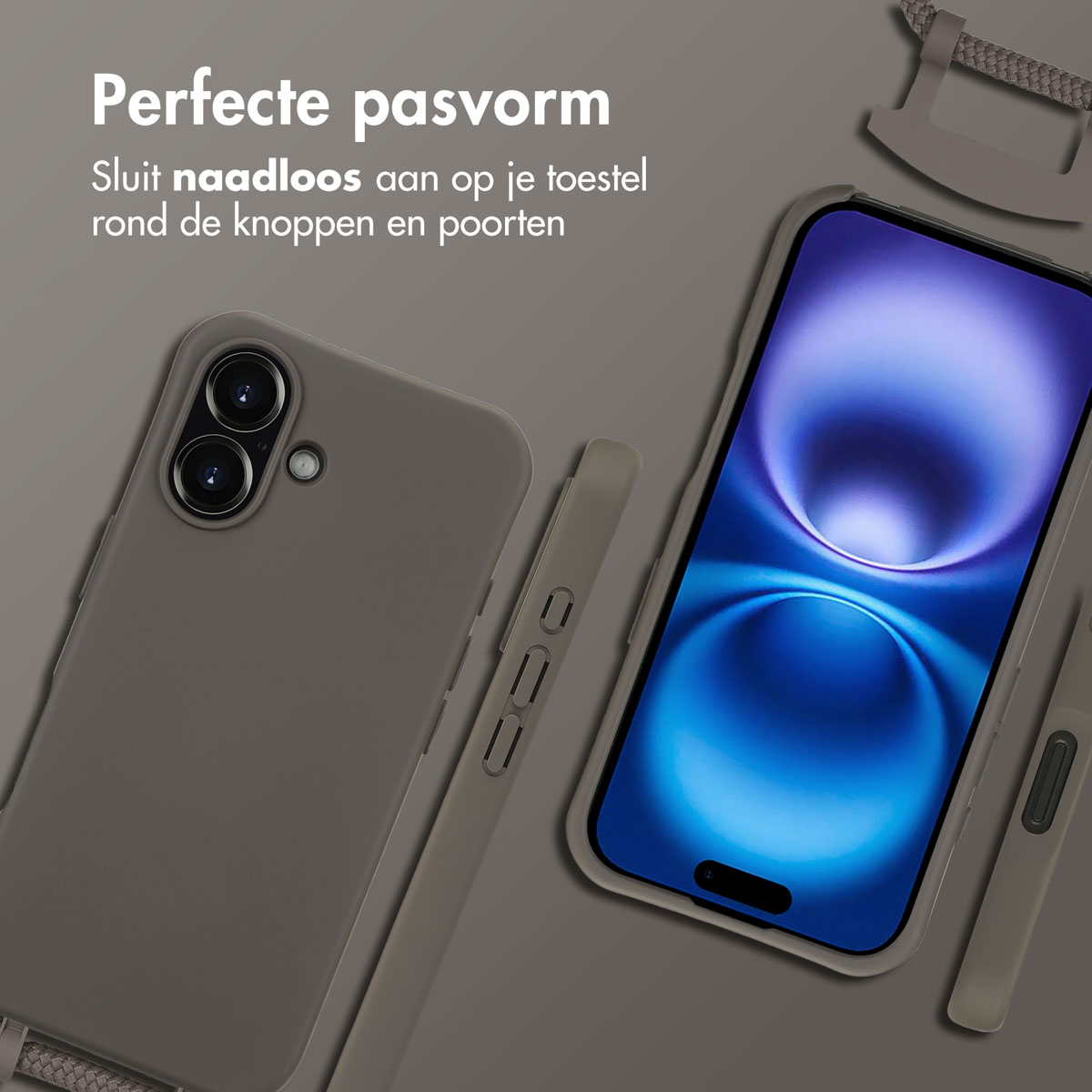 Een telefoon met een hoesje. De hoes is grijs en er is een grijs koord. Het scherm van de telefoon is zichtbaar.
