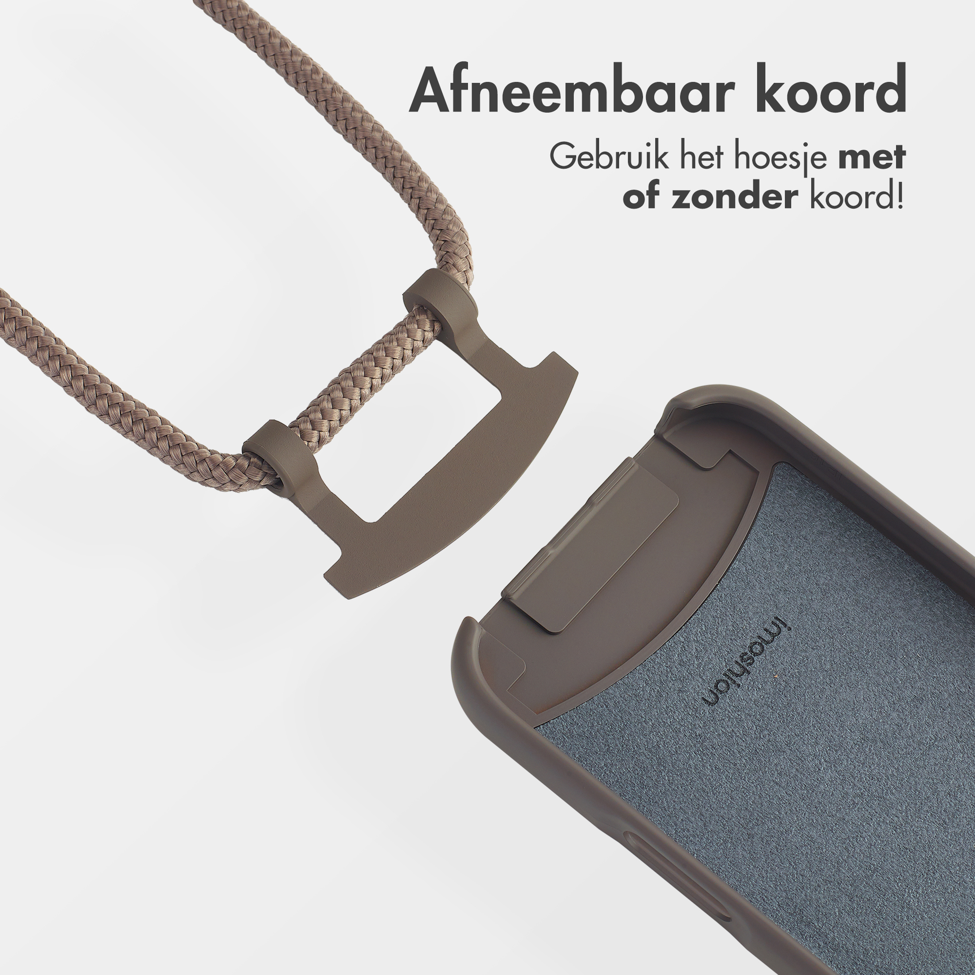 Bruine telefoonhoes met afneembaar koord, de hoes en het losgekoppelde koord tonend.