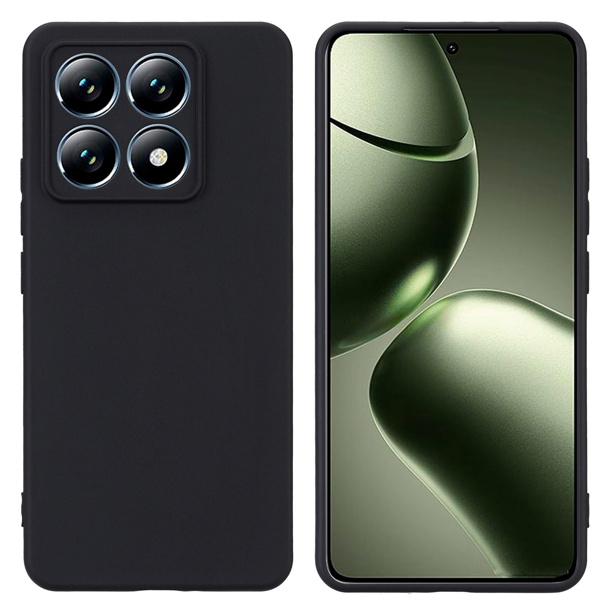 Coque de téléphone noire sur fond blanc. Le téléphone affiche quatre caméras. La coque est noire.