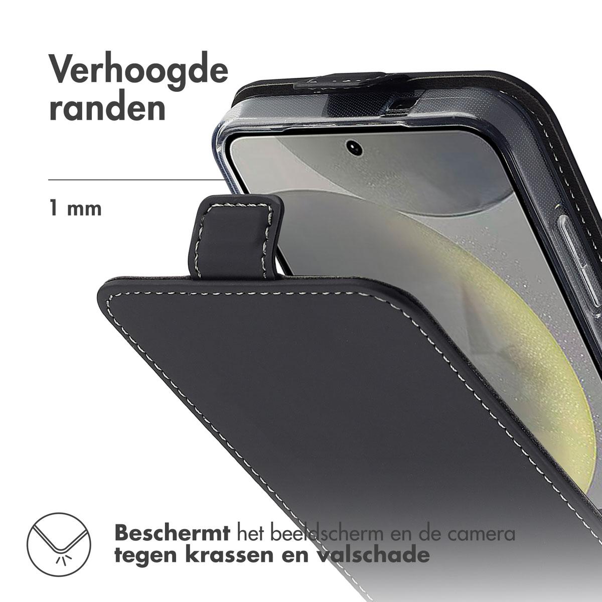 Coque de téléphone noire avec rabat plié, protégeant l'écran. Texte : 'Verhoogde randen'.