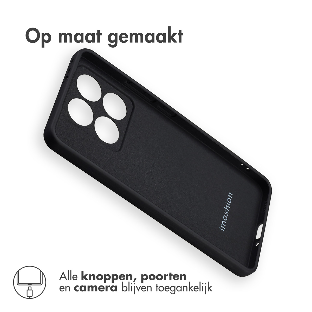 Coque de téléphone noire, avec la marque 'imoshion'.