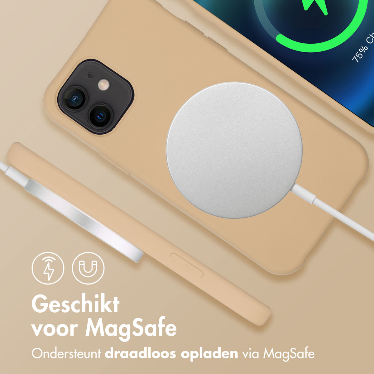 Coque de téléphone beige avec un chargeur MagSafe attaché, chargeant un téléphone. Câble blanc présent.