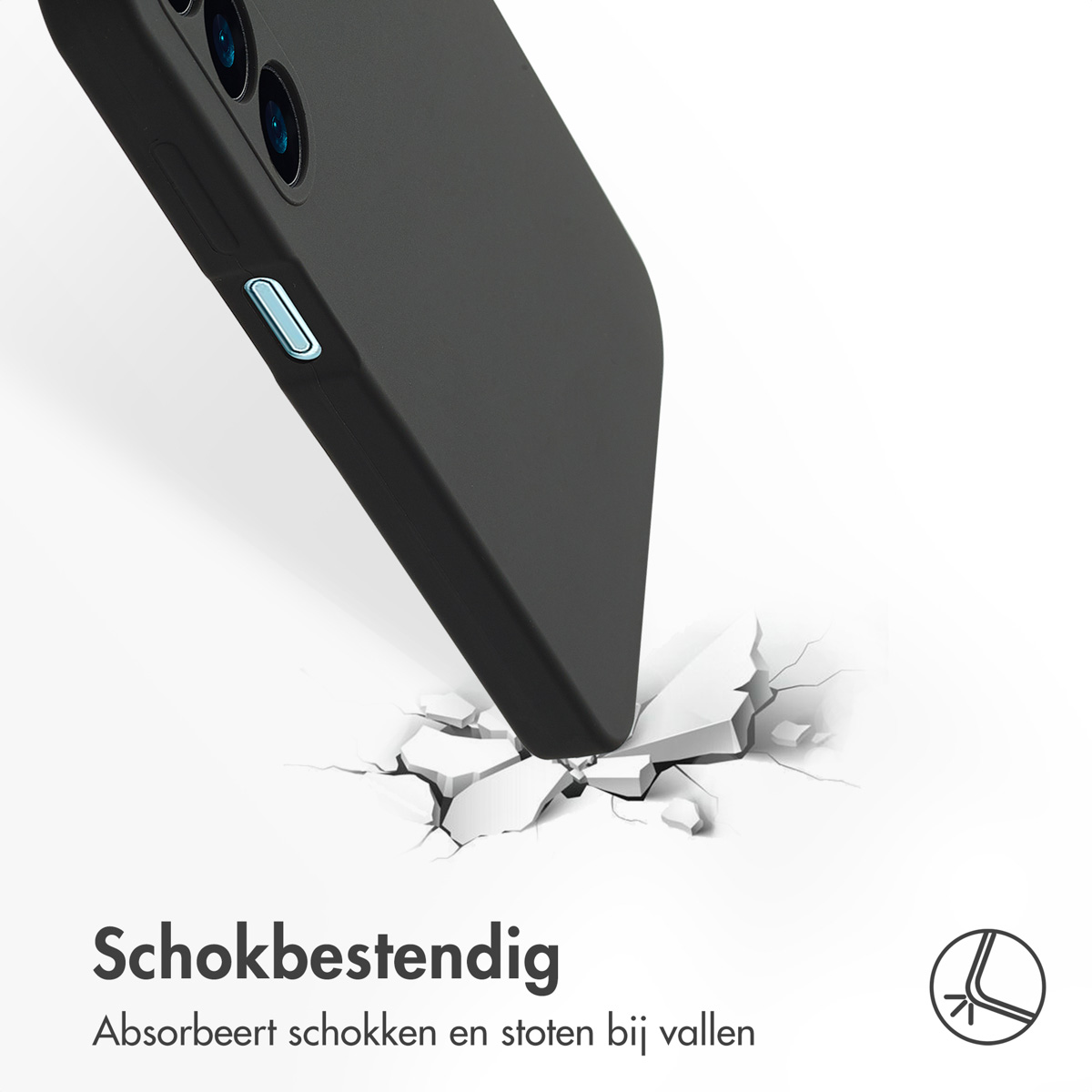Eine schwarze Handyhülle mit einem Telefon, die Hülle liegt auf einer weißen Oberfläche.