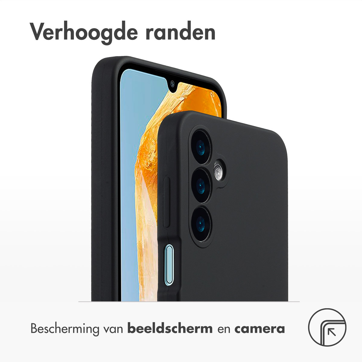 Schwarze Handyhülle auf schwarzem Handy. Text sagt, Schutz von Bildschirm und Kamera.