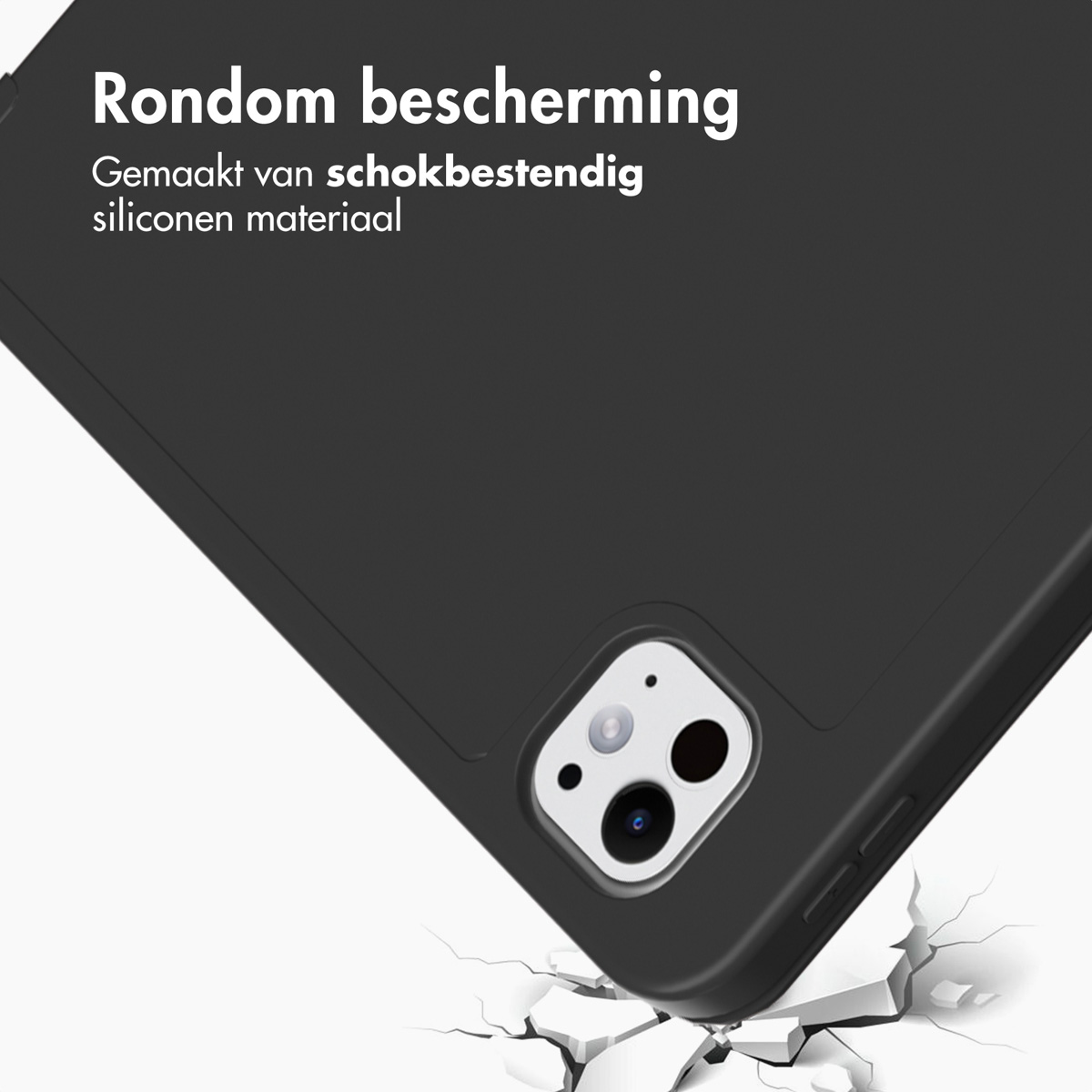 Zwarte telefoonhoes met schokbestendig siliconen materiaal en tekst over bescherming.