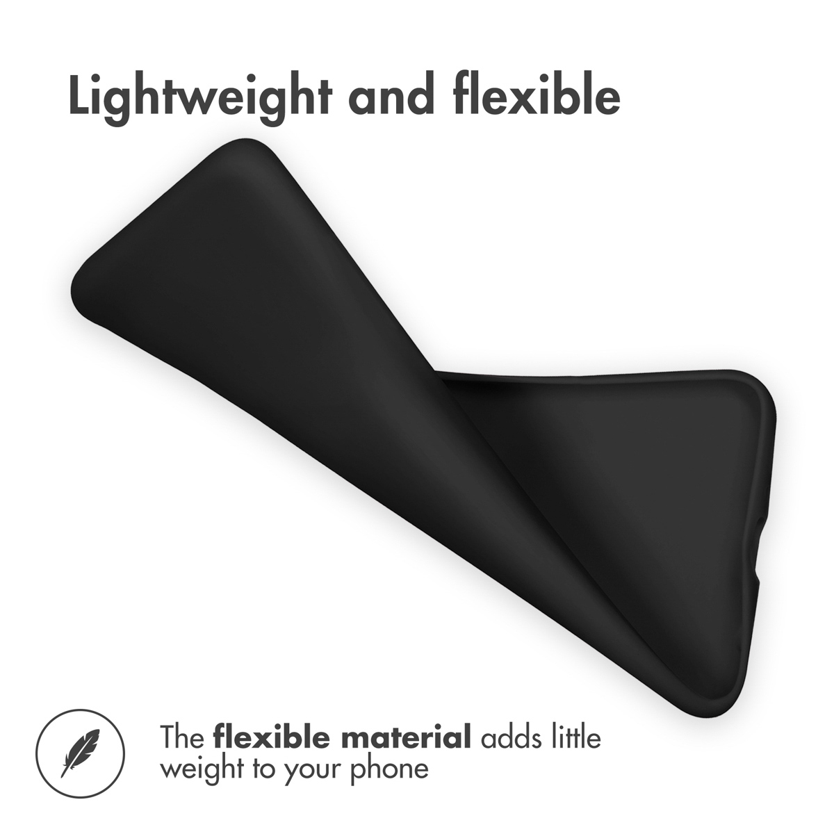 Eine schwarze, flexible Handyhülle wird gebogen, um ihre Flexibilität zu zeigen.