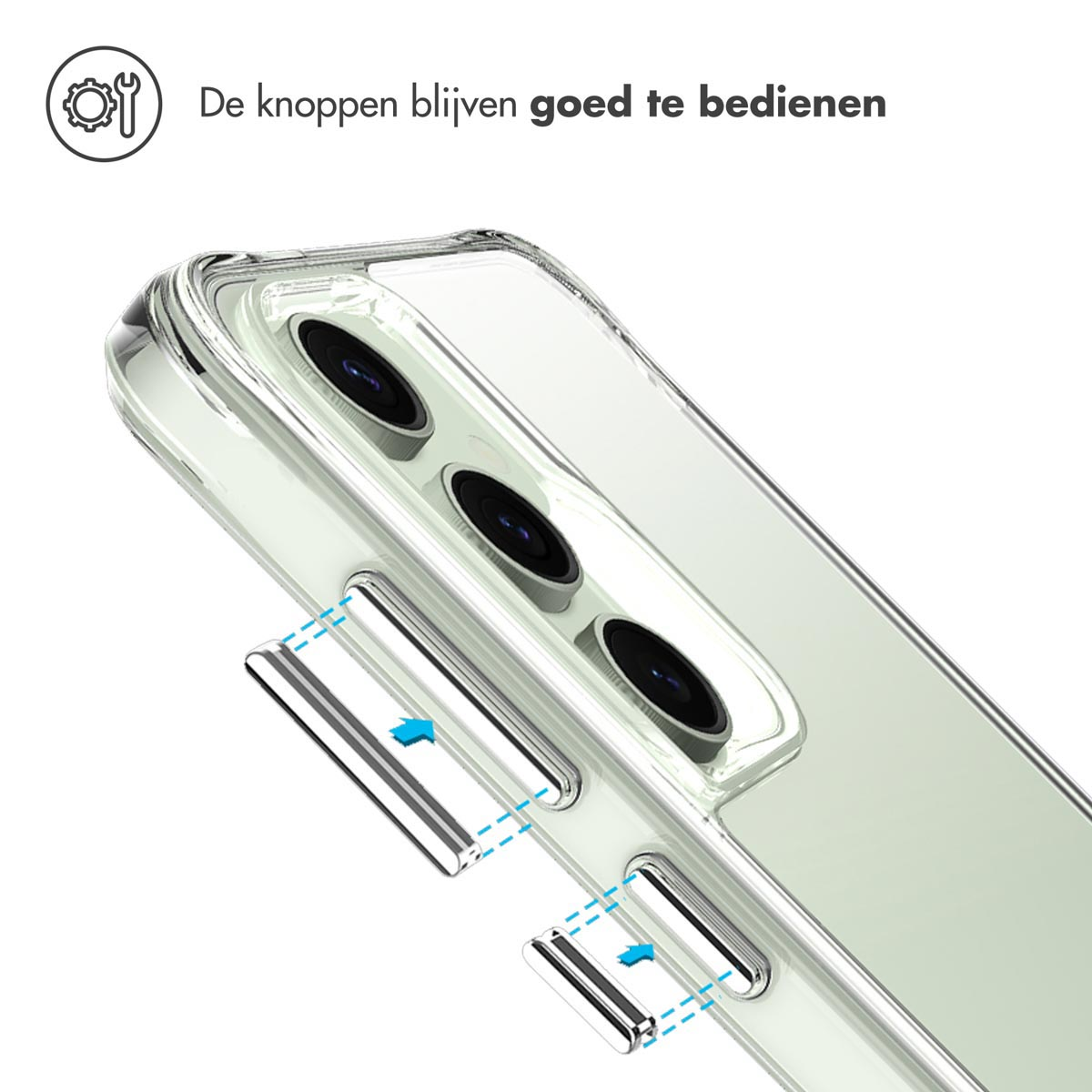 Close-up van een telefoonhoesje, dat laat zien dat de knoppen gemakkelijk te bedienen zijn.