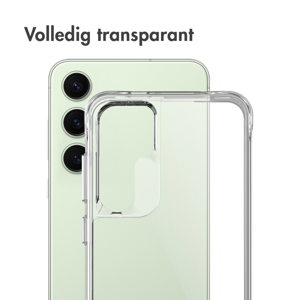 Een transparante telefoonhoes op een groene telefoon, met de cameralenzen zichtbaar.