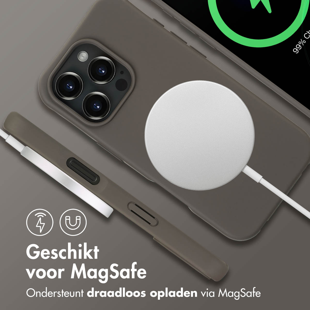 Telefoonhoesje met een MagSafe-lader. Tekst: Geschikt voor MagSafe, ondersteunt draadloos opladen.