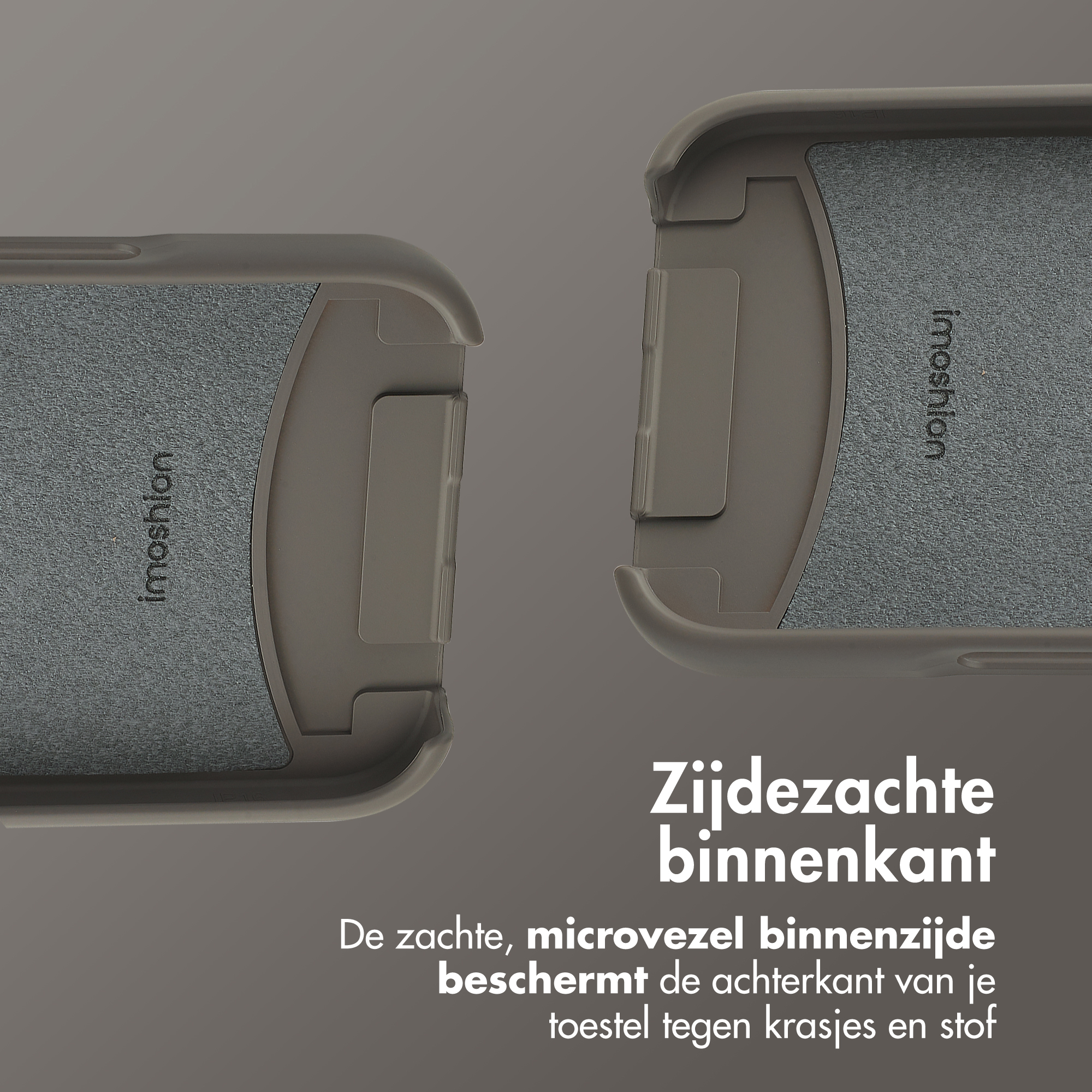 Twee telefoonhoesjes naast elkaar. Eén met een grijs interieur, tekst luidt 'imoshion'.