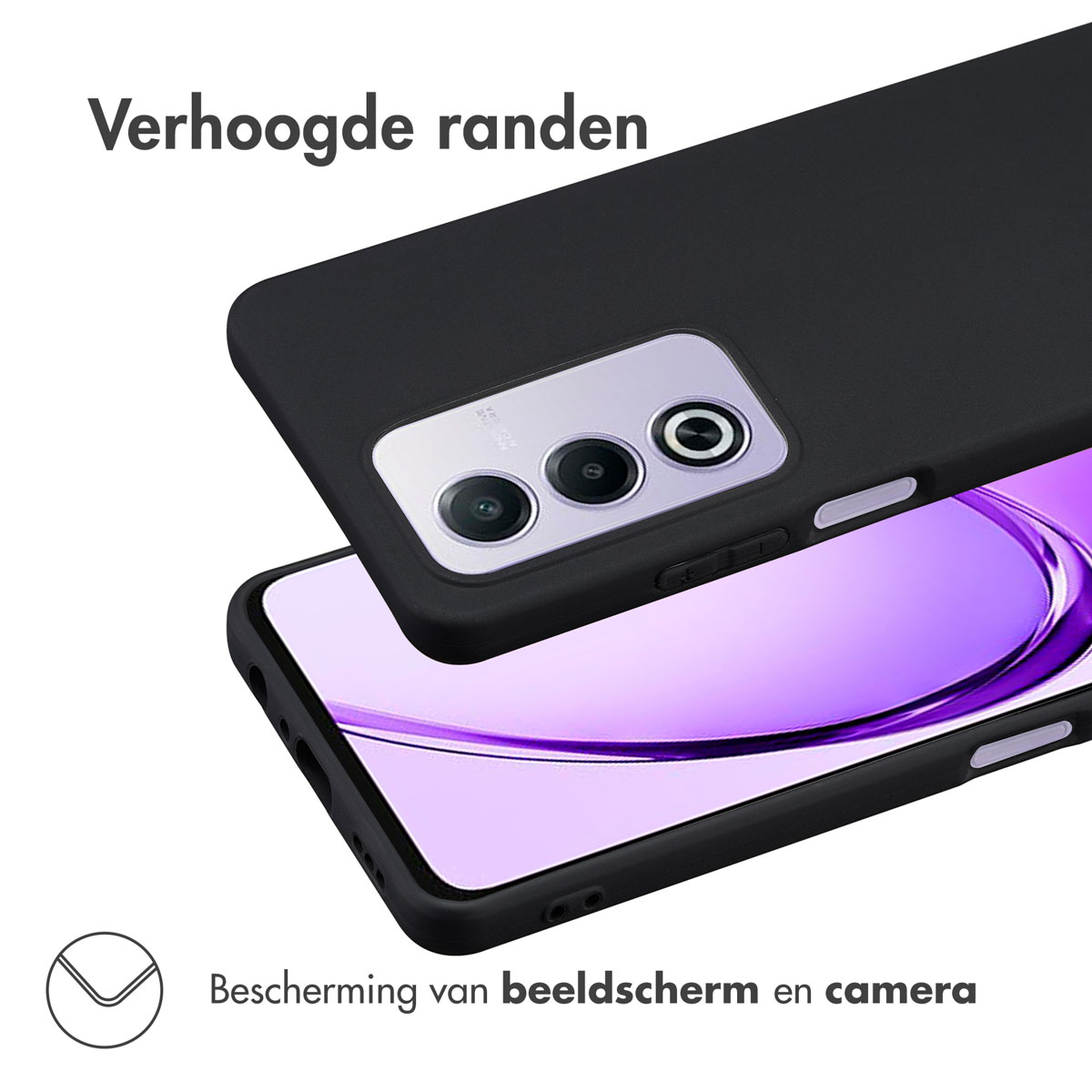 Zwarte telefoonhoes met verhoogde randen, beschermt het scherm en de camera.