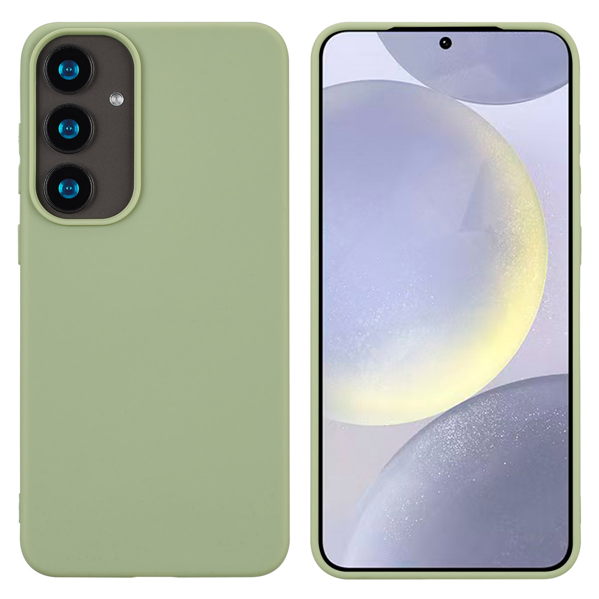 Deux téléphones. Une coque verte à gauche, un téléphone avec écran à droite.