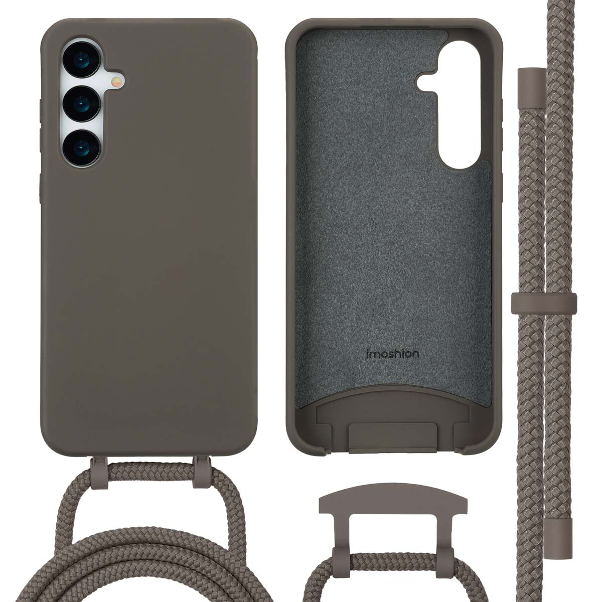 Een bruine telefoonhoes set met een touwriem. Het bevat een telefoon, hoesonderdelen en een touw om te dragen.
