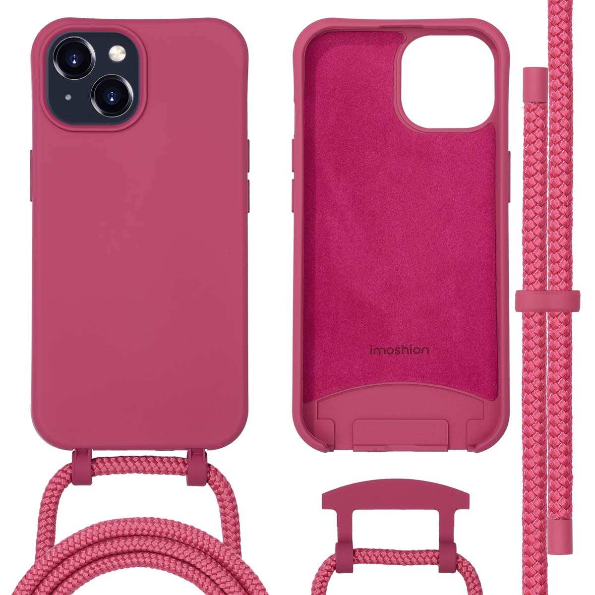Rosa Handyhülle mit angebrachtem Riemen, Telefon nicht enthalten.