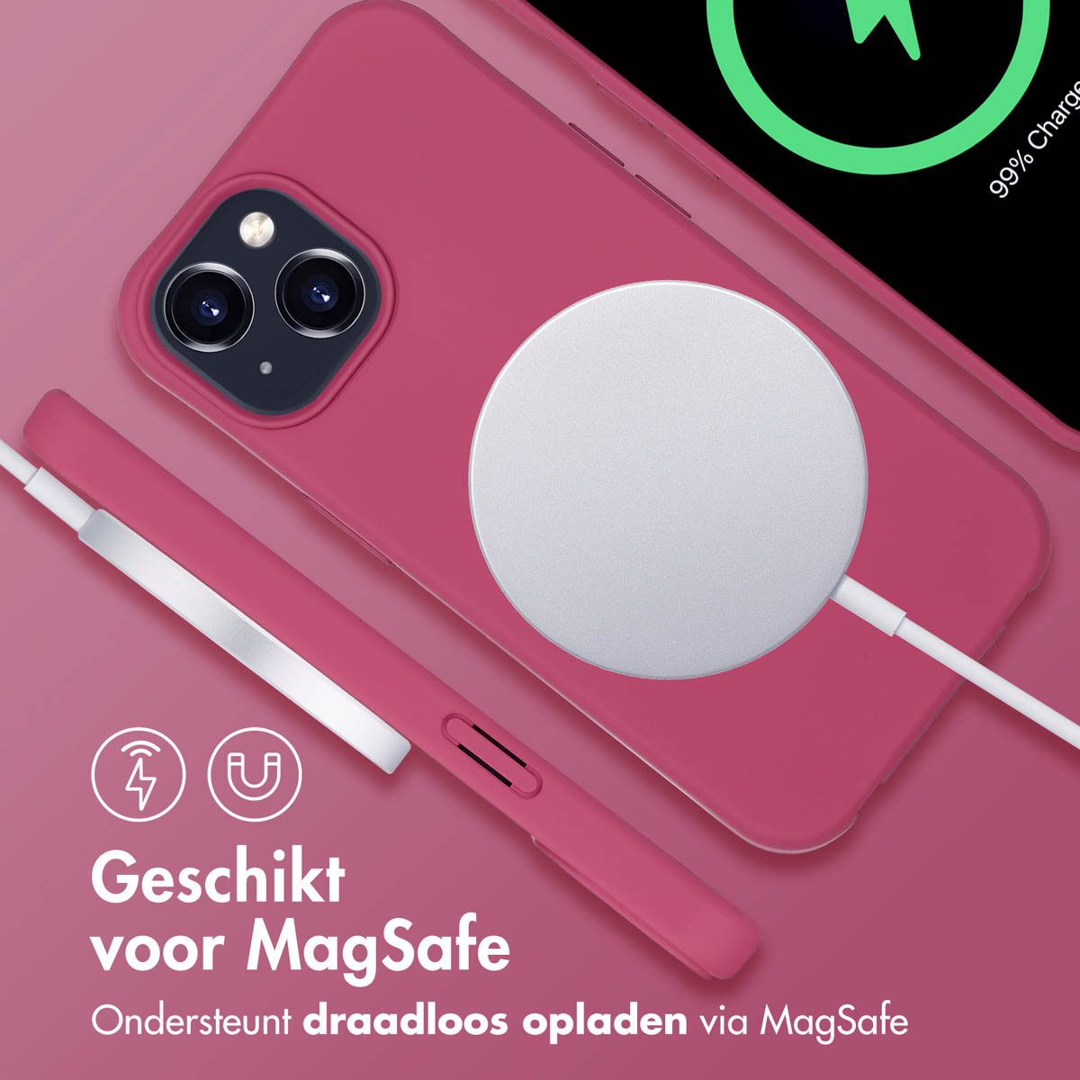 Rosa Handyhülle, MagSafe-Ladegerät und Kabel. Text: 'Geeignet für MagSafe' und Ladestatus.