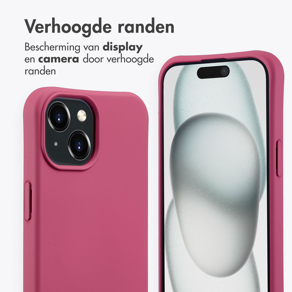 Zwei Handyhüllen. Eine in Pink, die andere zeigt einen Telefonbildschirm. Text beschreibt erhöhte Ränder.