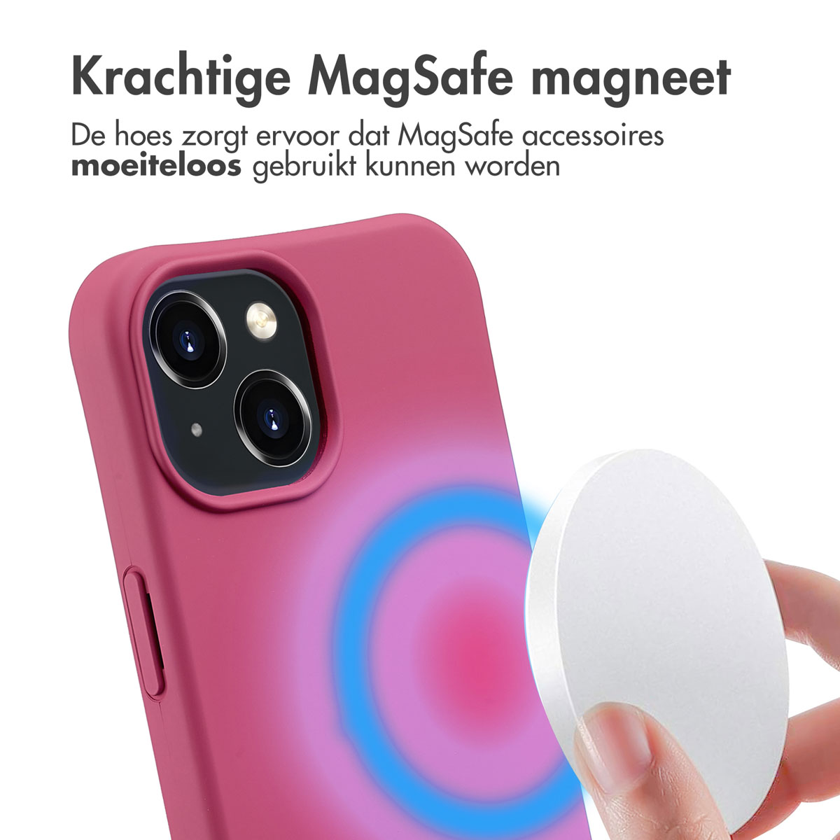 Ein rosa Telefonhülle mit einem iPhone. Ein weißes, kreisförmiges MagSafe-Zubehör wird von einer Hand an die Hülle gehalten.