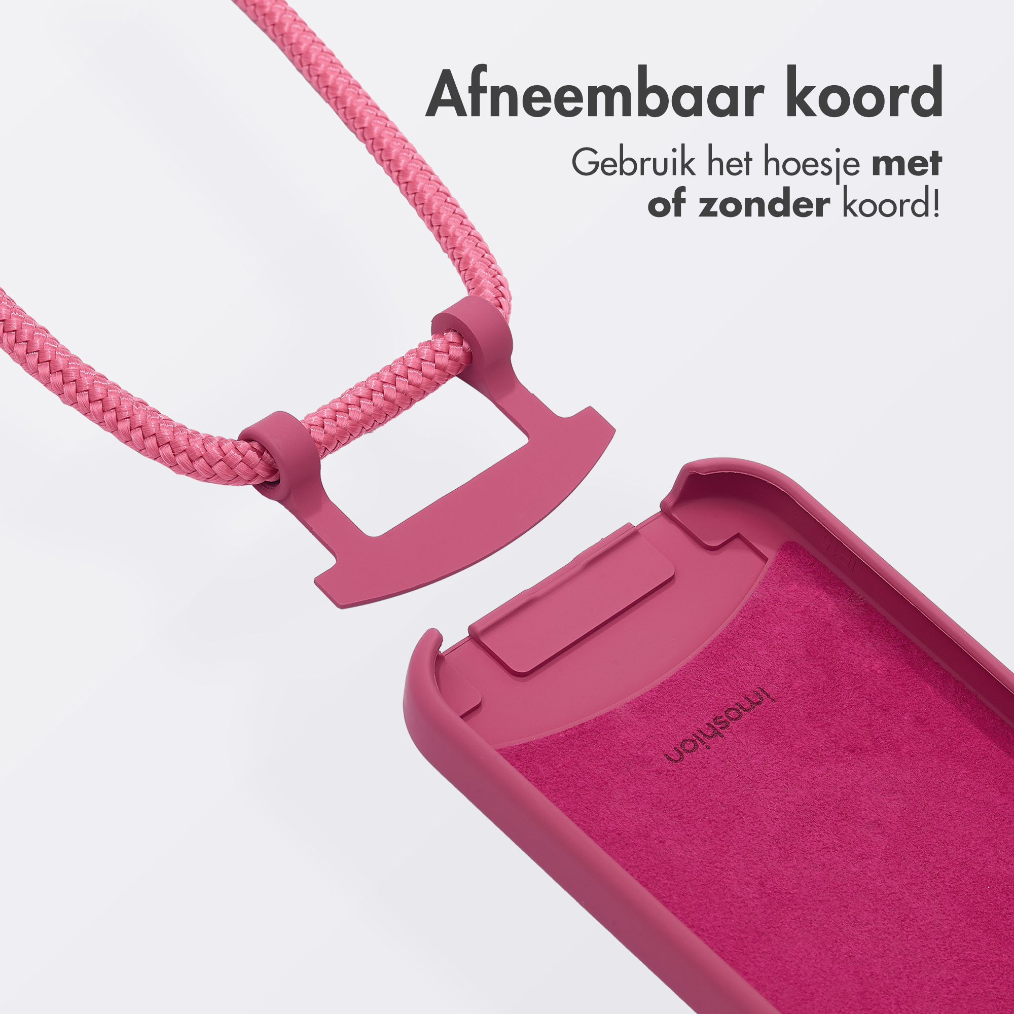 Rosa Handyhülle mit abgenommenem rosa Schlüsselband. Die Innenseite der Hülle ist rosa.