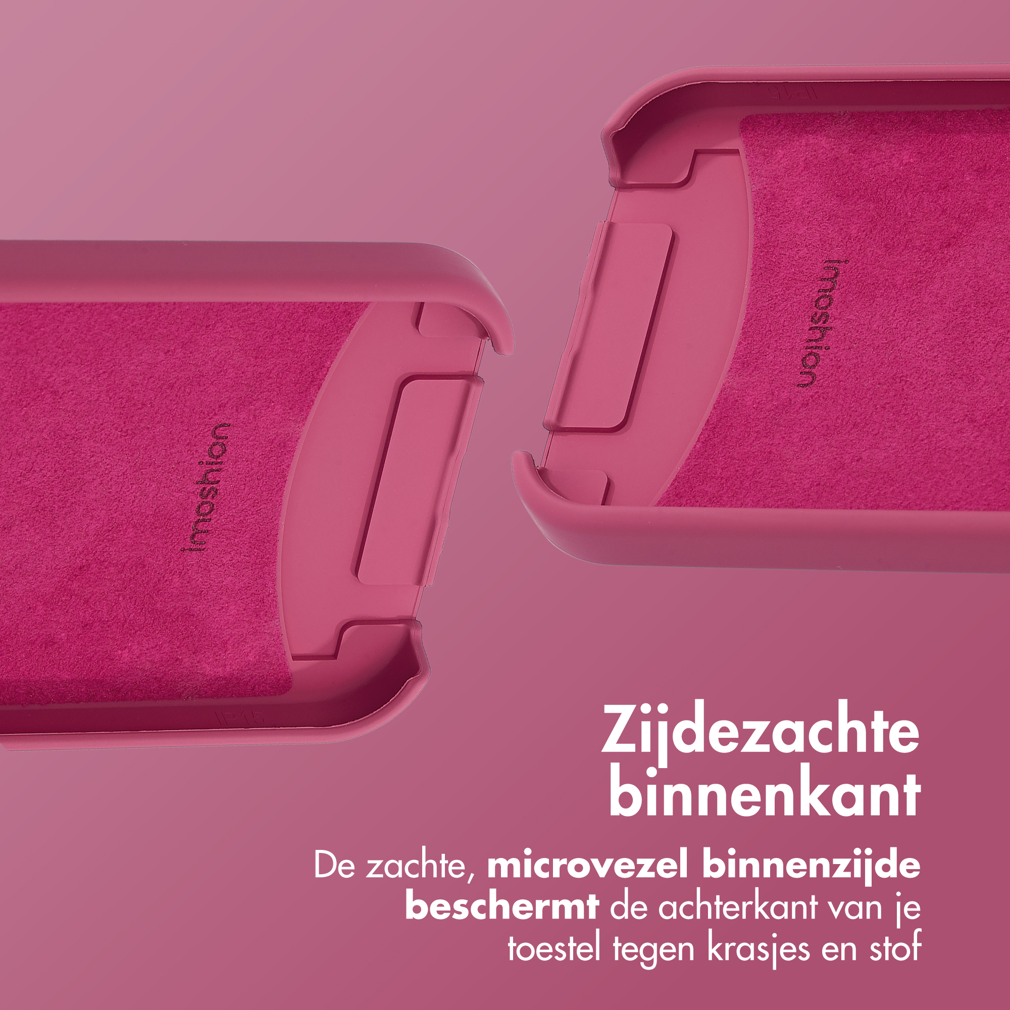 Zwei rosa Handyhüllen. Text: 'Zijdezachte binnenkant', bedeutet 'Seidig innen' und 'imoshion'.