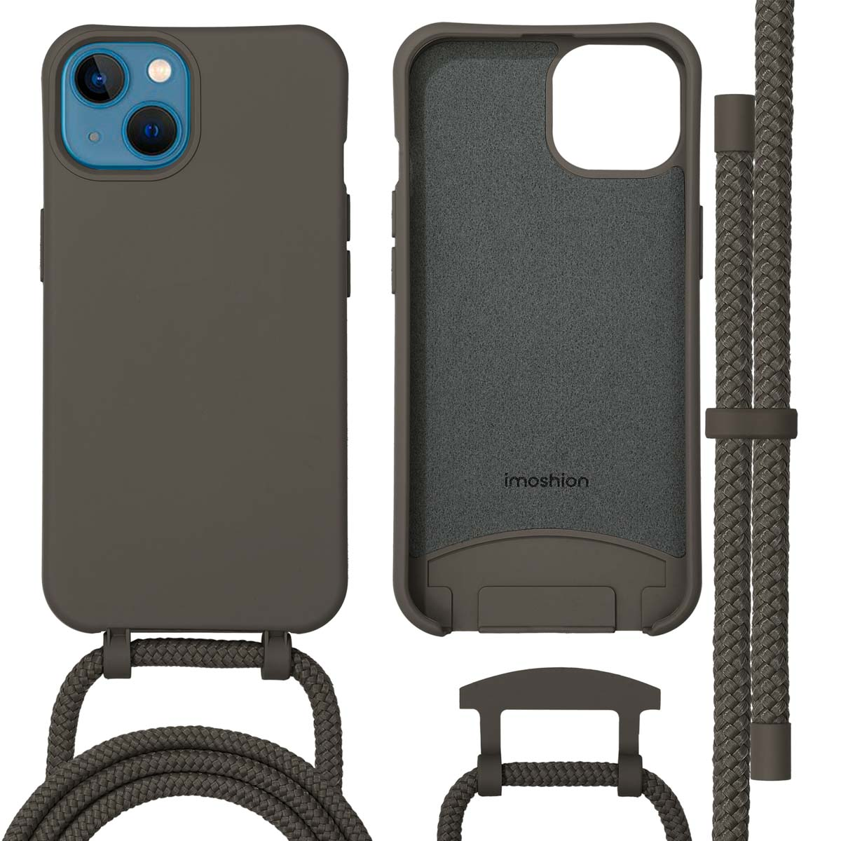 Telefoonhoesje met telefoon erin. Grijze hoes met een grijze riem.