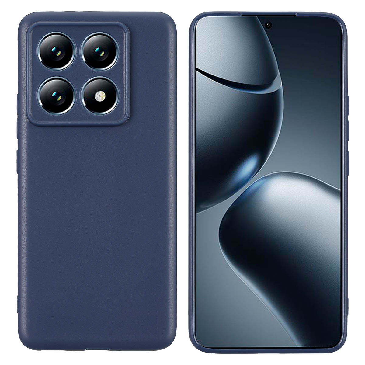 Une coque de téléphone bleu marine avec quatre lentilles de caméra et un écran de téléphone.