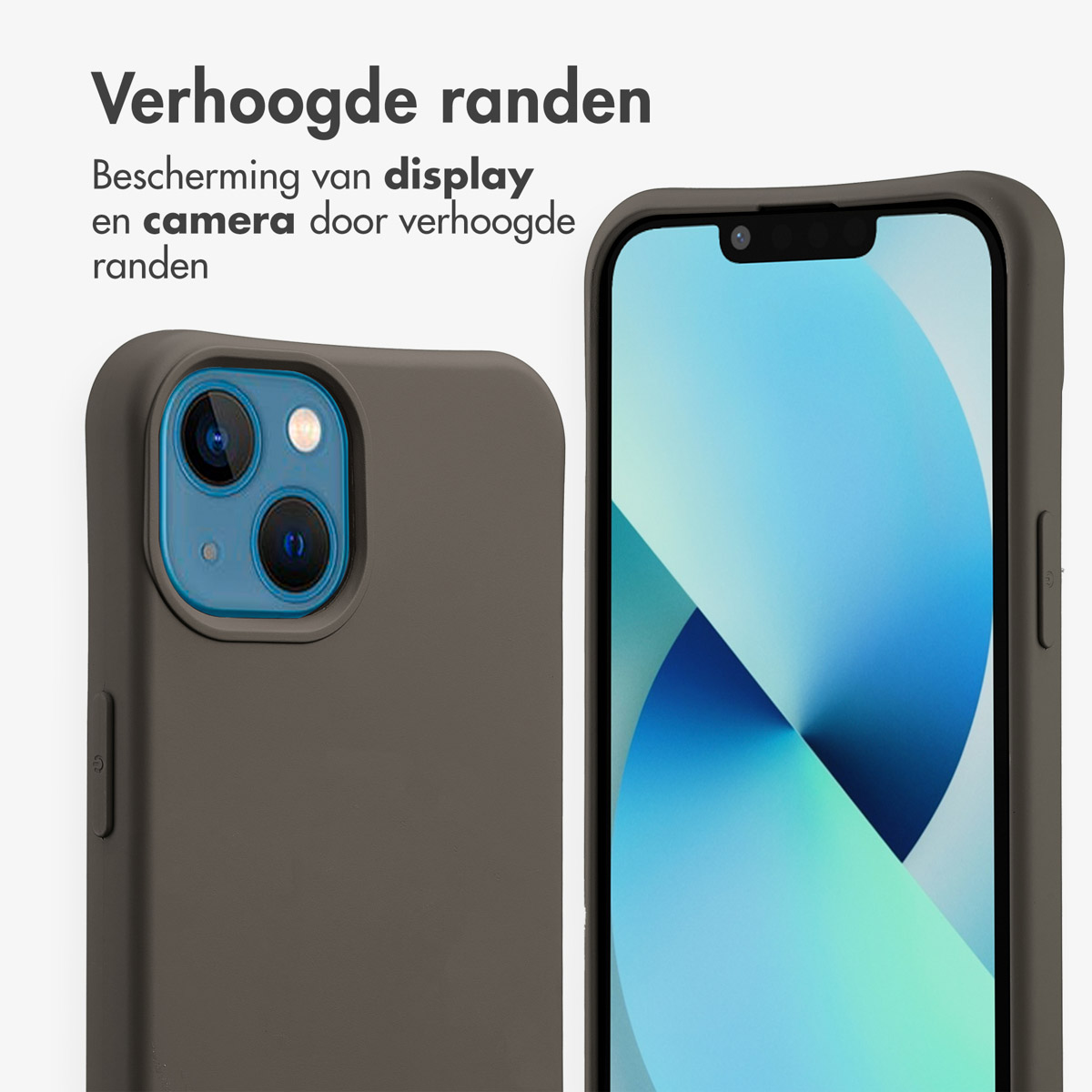 Een close-up van een telefoon in een bruine hoes. Het scherm toont een blauw-witte abstracte afbeelding.