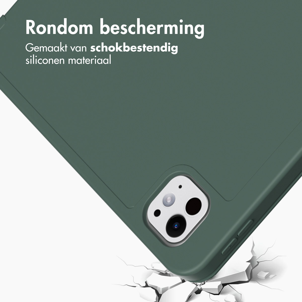 Groene telefoonhoes met camera-uitsparing, schuin weergegeven met de tekst 'Rondom bescherming'.