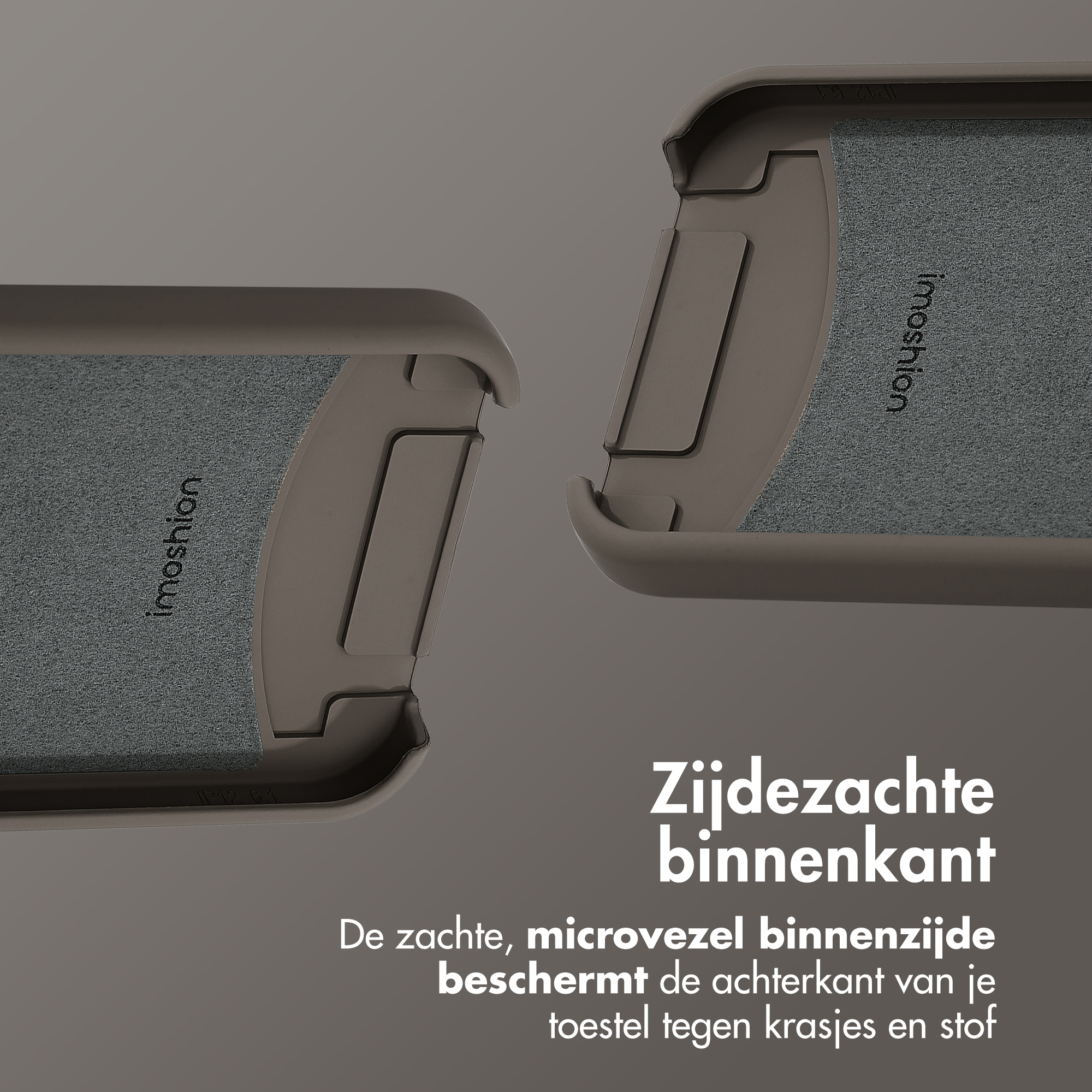 Twee telefoonhoesjes, grijze interieurs, donkergrijze exterieurs, één open en één gesloten.