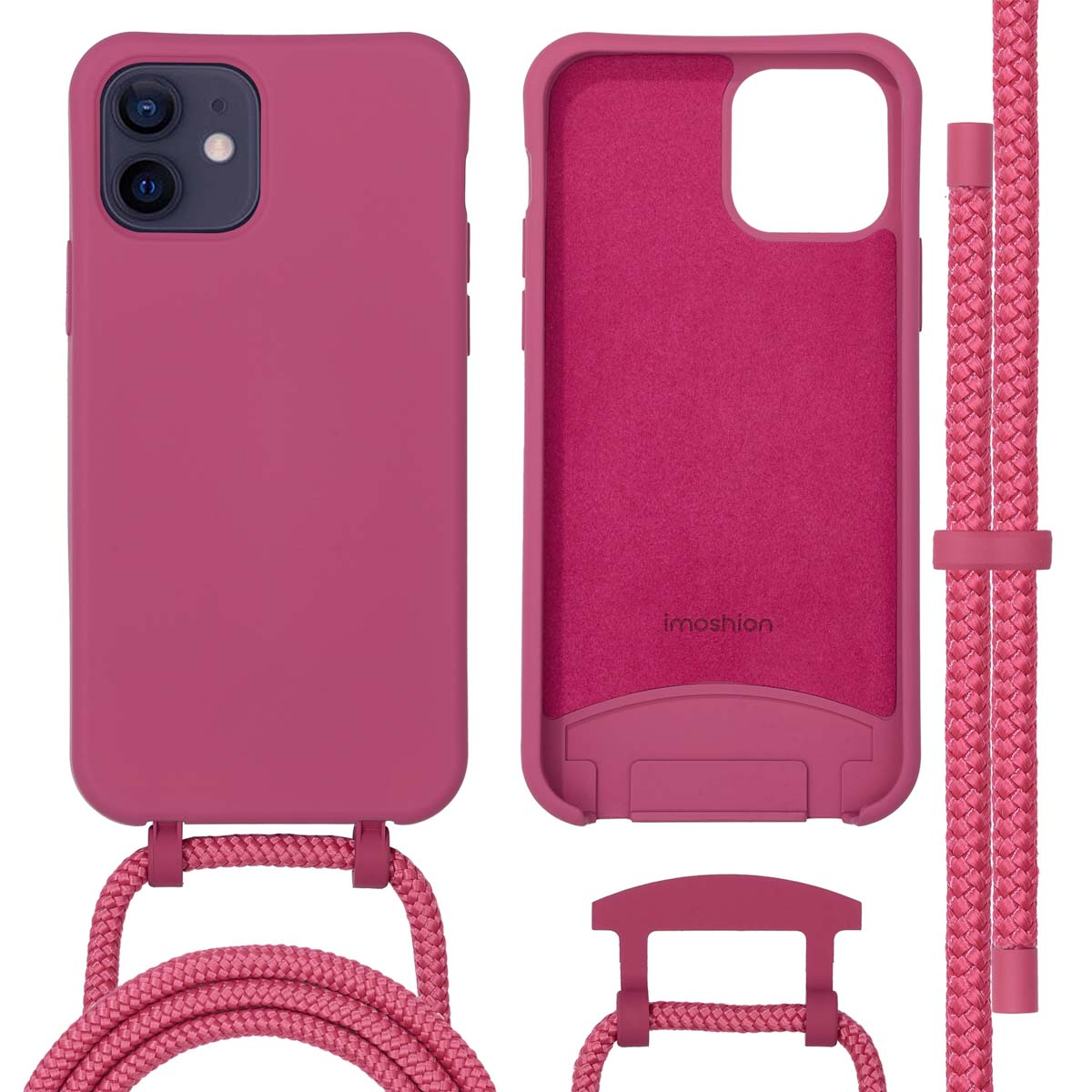 Een roze telefoonhoesje met bijpassende riem. De binnenkant is roze, met de merknaam.