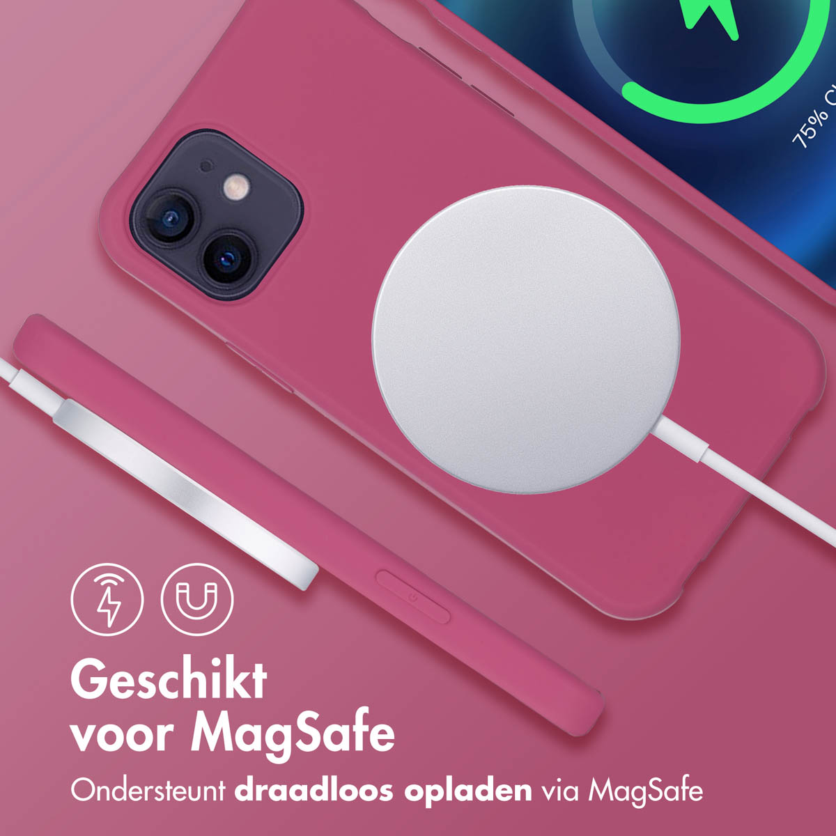 Een roze telefoonhoesje met een telefoon, een oplaadpad en een pen. De pad laadt op.