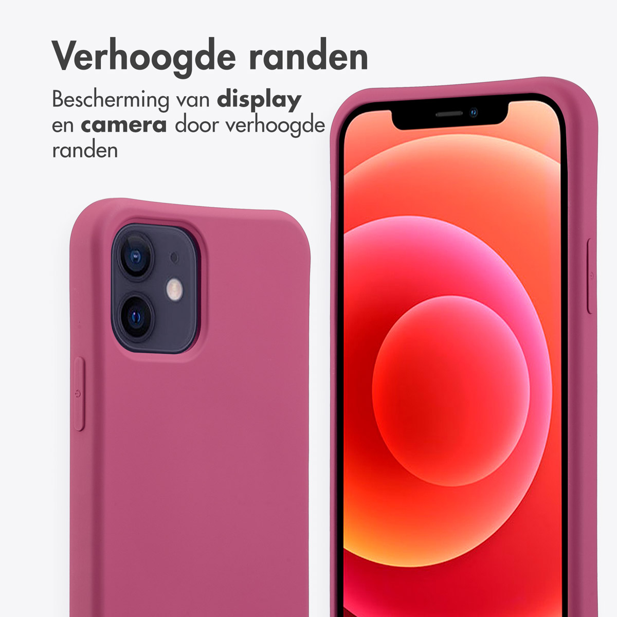 Close-up van een telefoon in een roze hoesje. Telefoonscherm zichtbaar. Een andere telefoon met hoesje links.