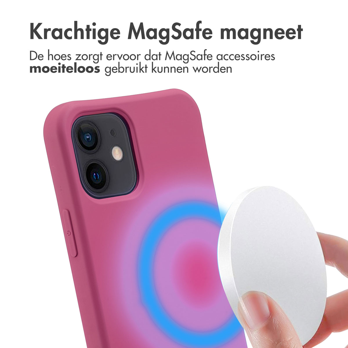 Een roze telefoonhoesje met een witte, ronde MagSafe-accessoire. Een hand houdt de accessoire bij de telefoonhoes. Tekst bovenaan.