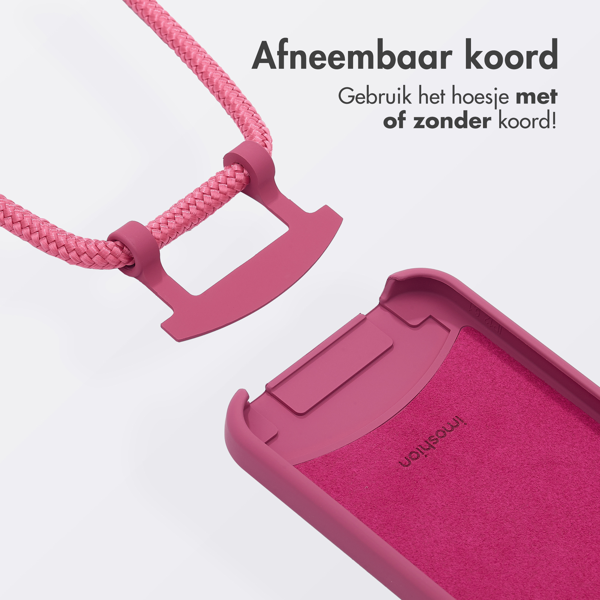 Roze telefoonhoesje met afneembare roze koord, hoesje is open.