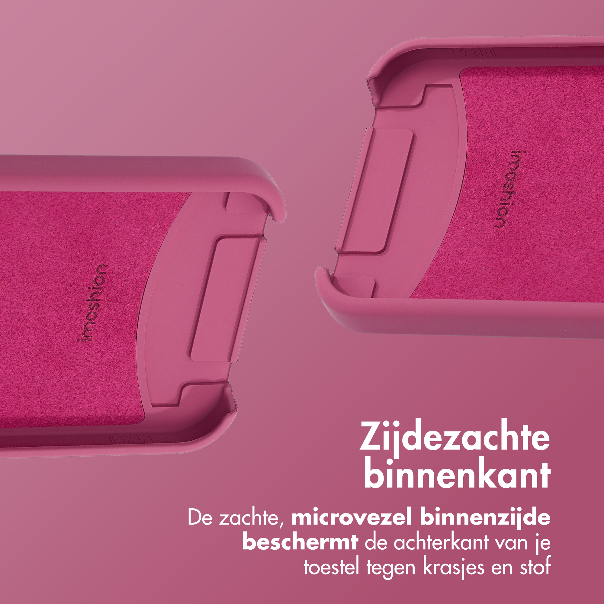 Twee roze telefoonhoesjes, die de binnenkant laten zien. De tekst "moshion" is zichtbaar op de hoesjes.