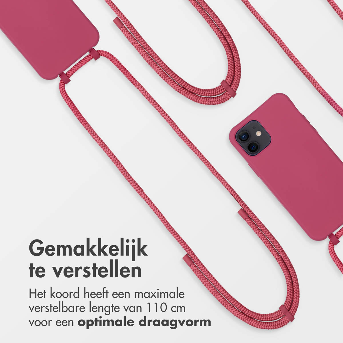 Roze telefoonhoesje met bijpassend roze koord. Witte achtergrond met tekst.