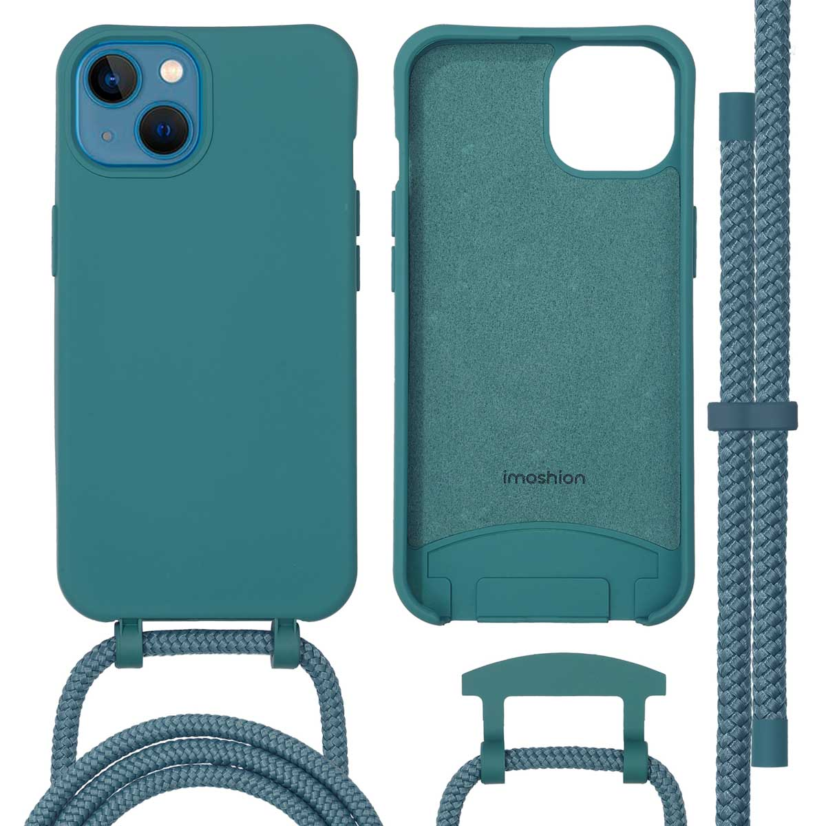 Teal telefoonhoesje met koord en bijpassende houder. Inclusief telefoonhoesje met cameramodule.