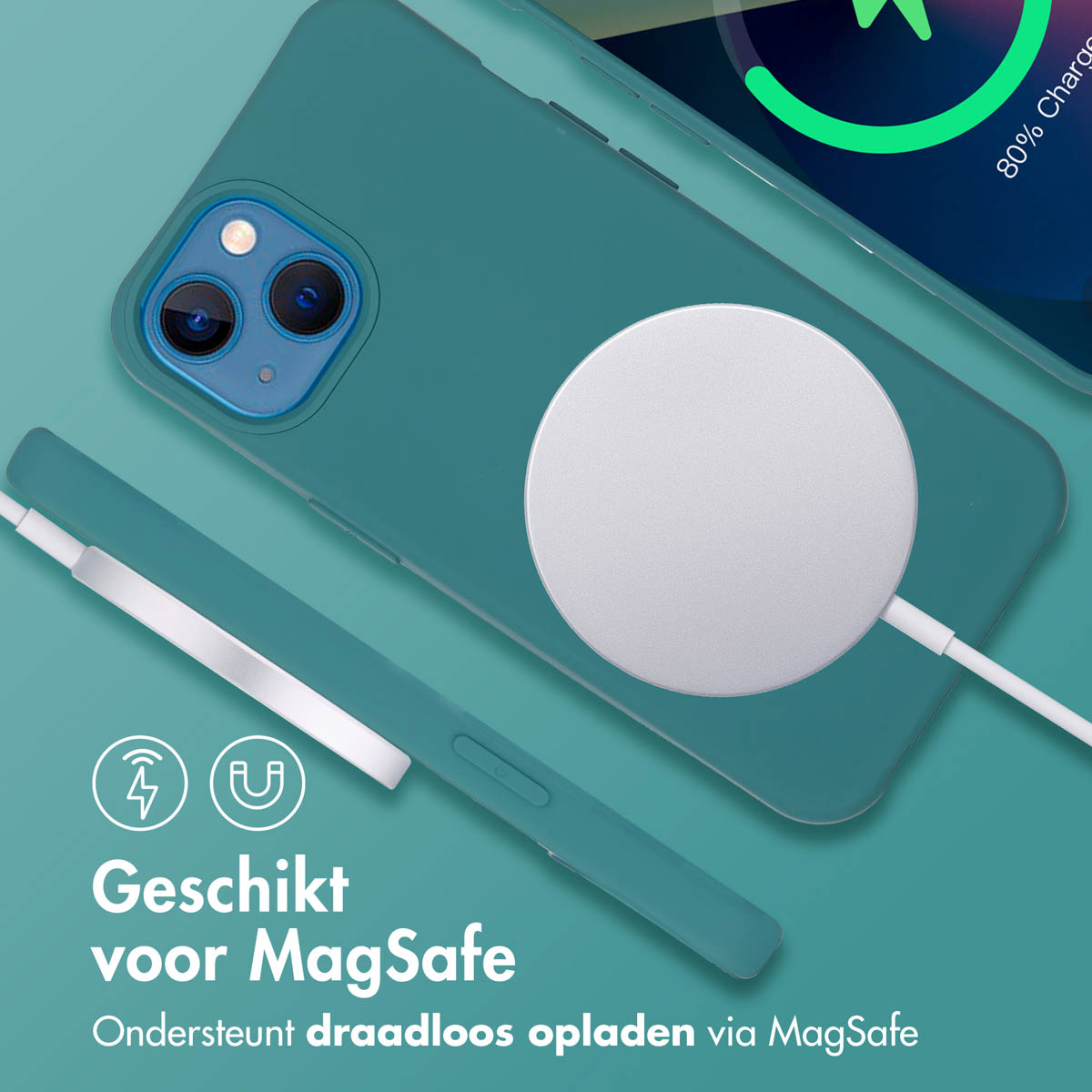 Teal telefoonhoesje met oplader. Tekst: Geschikt voor MagSafe, ondersteunt draadloos opladen.