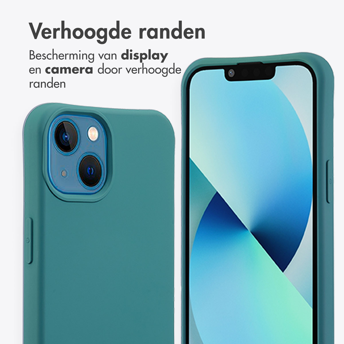 Twee telefoonhoesjes in teal, één links en één met een telefoon rechts.
