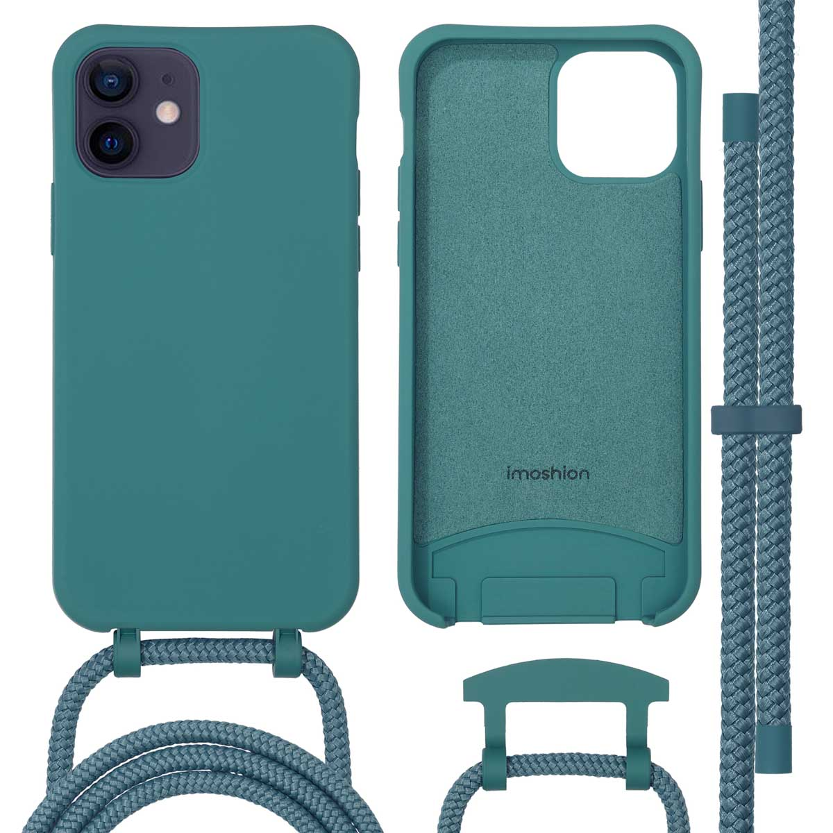 Blauwgroene telefoonhoes met een touwkoord, open, die de binnenkant van de hoes toont, witte achtergrond.