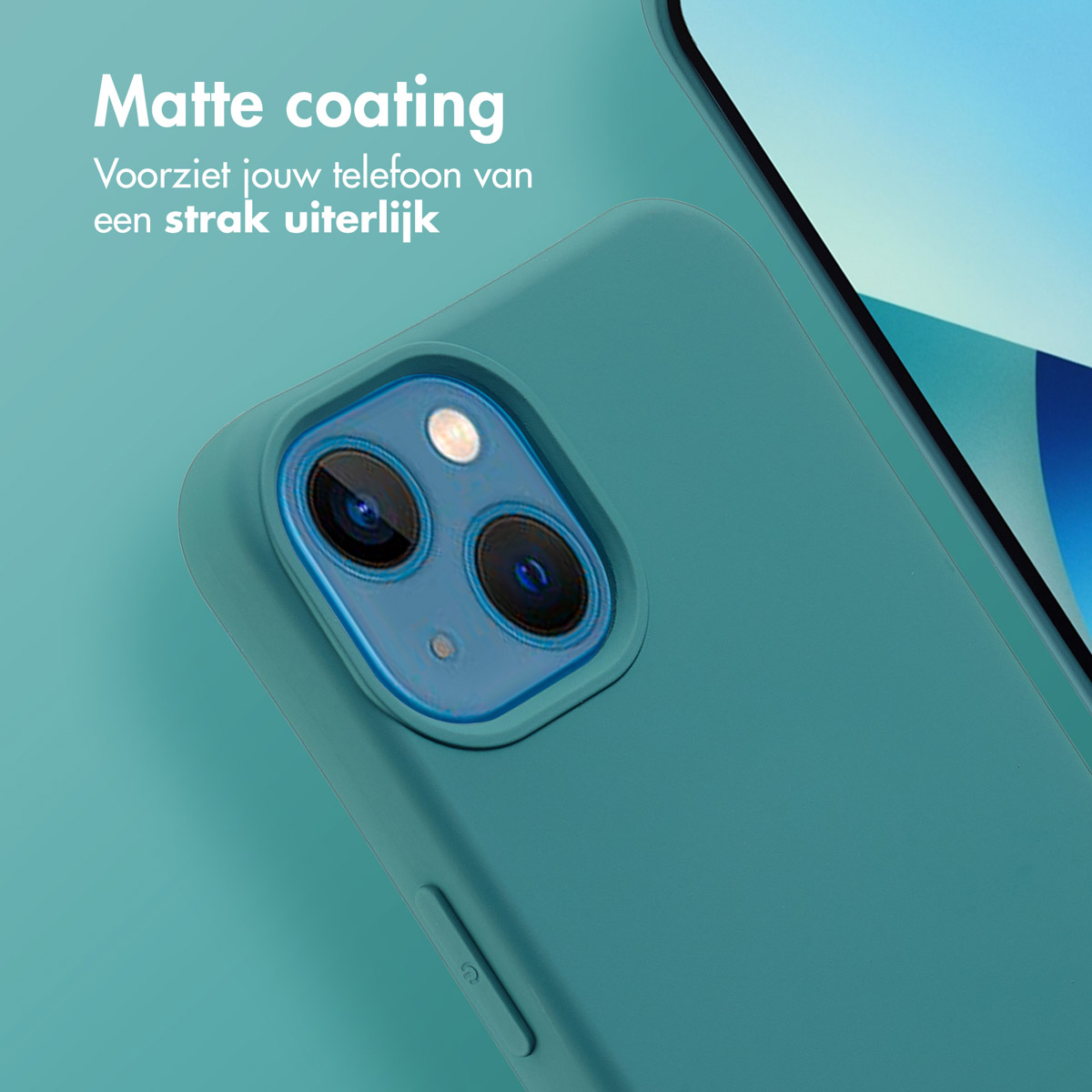 Close-up van een groene telefoonhoes, met de camera en het oppervlak van de telefoon.