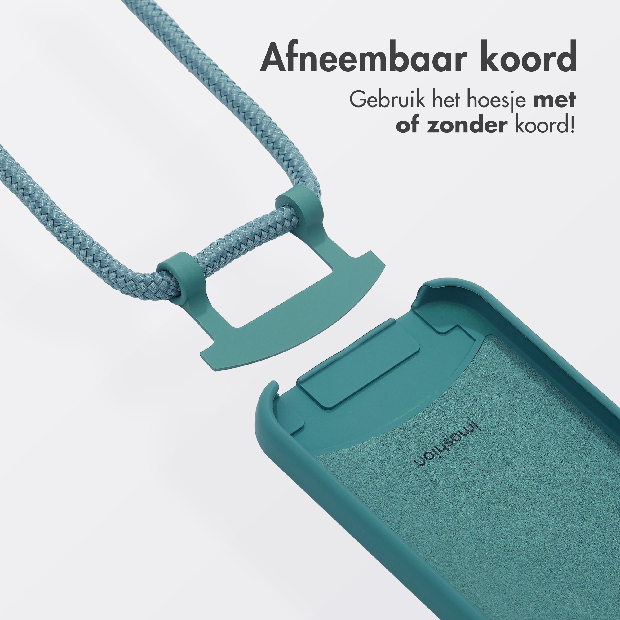 Een turquoise telefoonhoesje met een afneembaar koord, het koord ligt naast het hoesje.