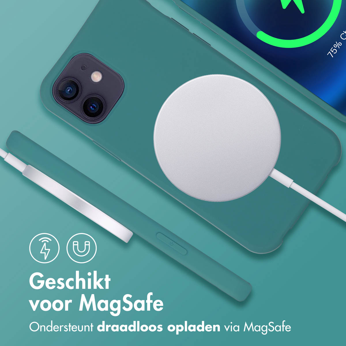 Telefoonhoesje in blauwgroen met een witte draadloze oplader. Telefoon laadt op.