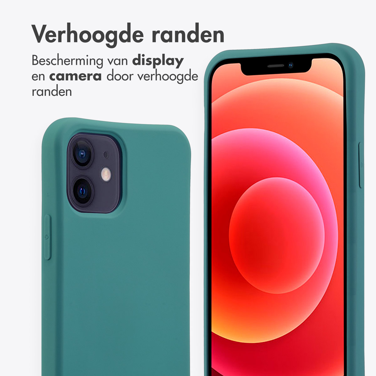 Teal telefoonhoesje naast een telefoon. De afbeelding benadrukt het ontwerp van de hoes om het scherm en de camera te beschermen.