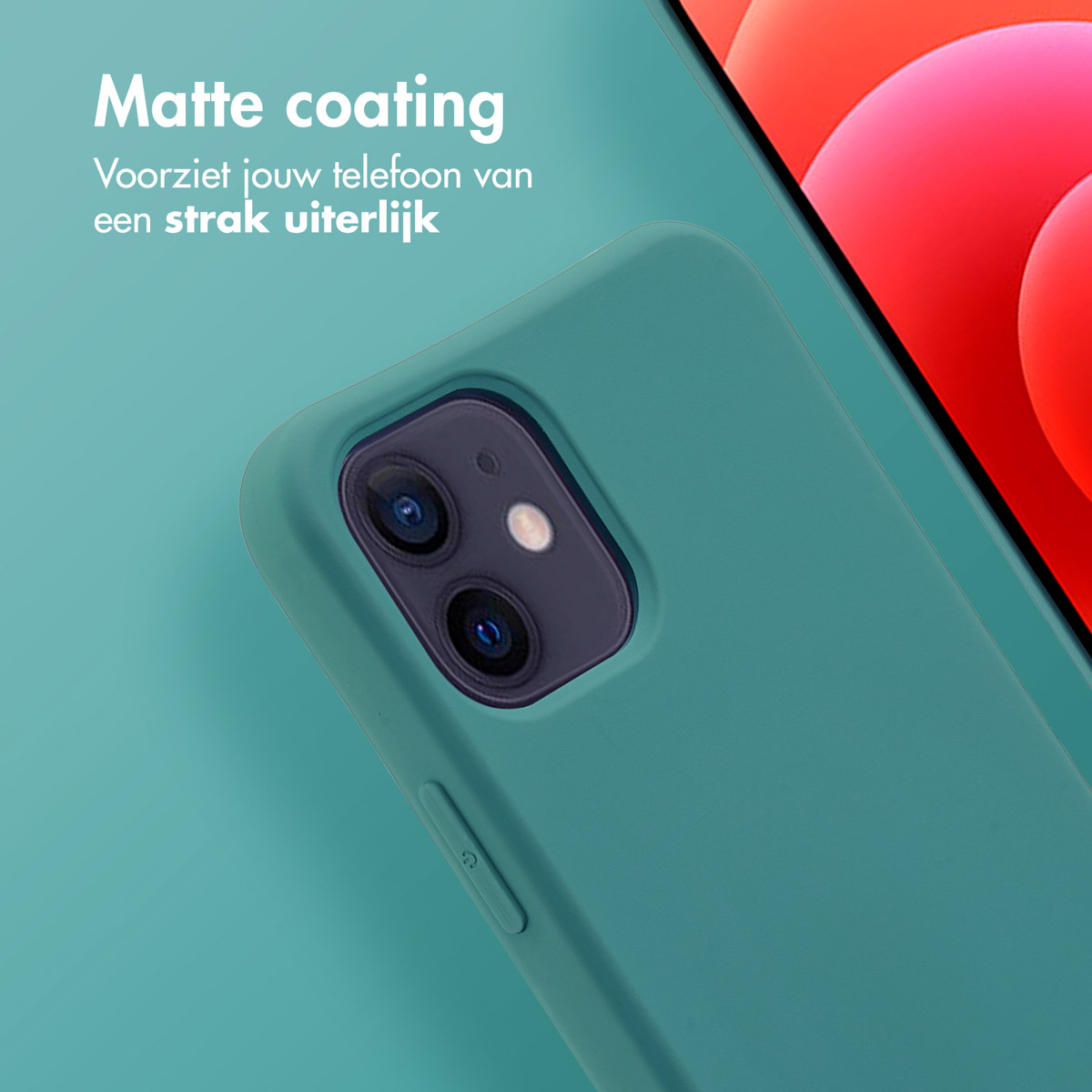 Close-up van een teal telefoonhoesje op teal achtergrond. Telefoon heeft zwarte camera's. Tekst: "Matte coating".
