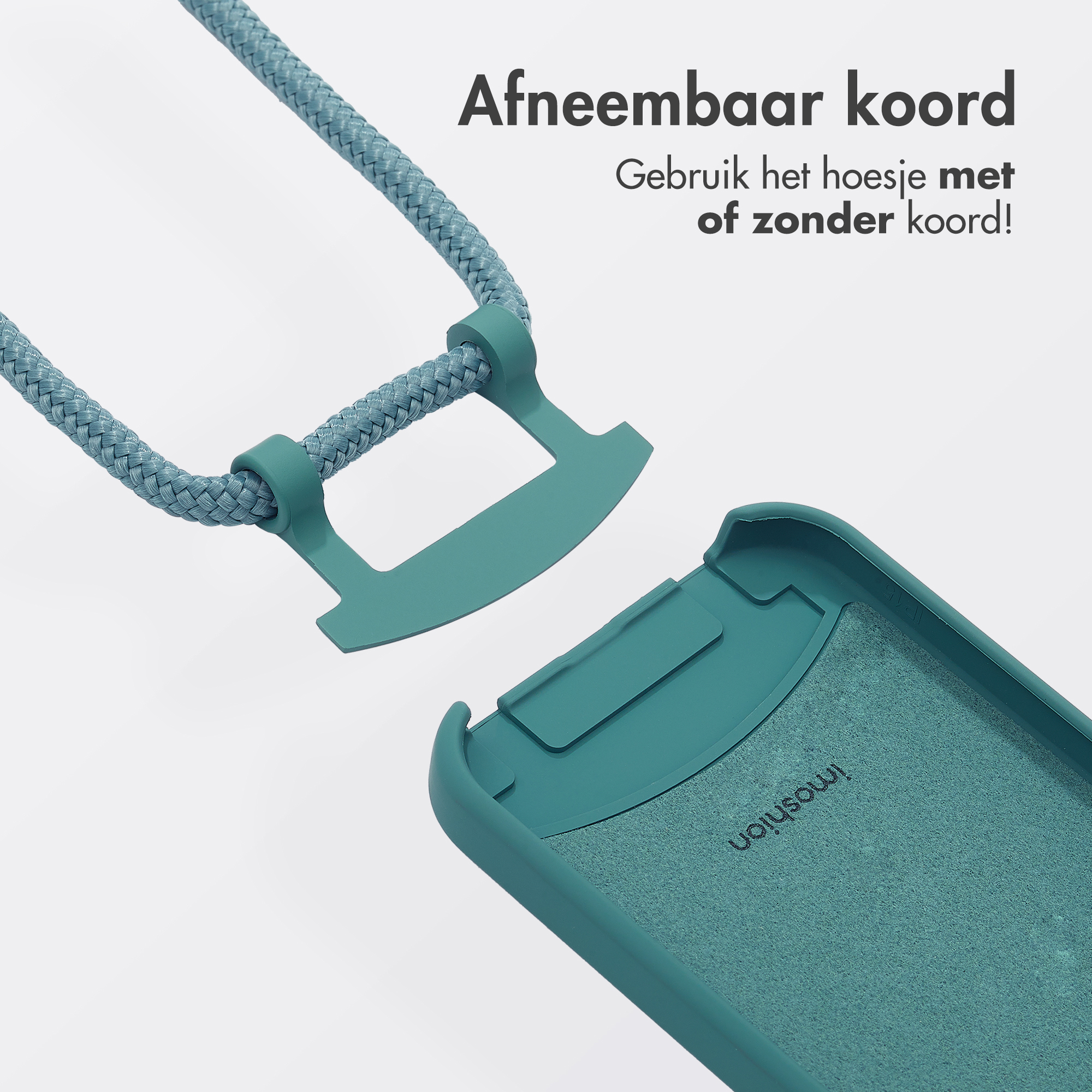 Turquoise telefoonhoes met een afneembaar turquoise koord.